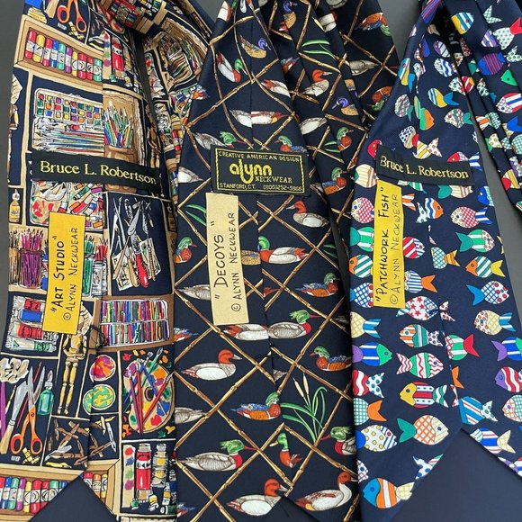 Front Page Archive Alynn / Bruce L Robertson Silk Tie Lot Of 3 Fish, Duck & Art Studio, USA Made